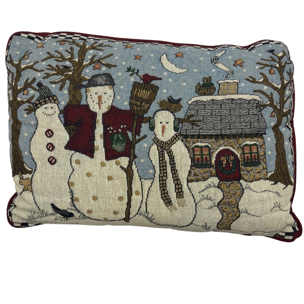 Vintage Woven Tapestry Snowman Winter Cottage Decorative Accent Pillow Burgundy